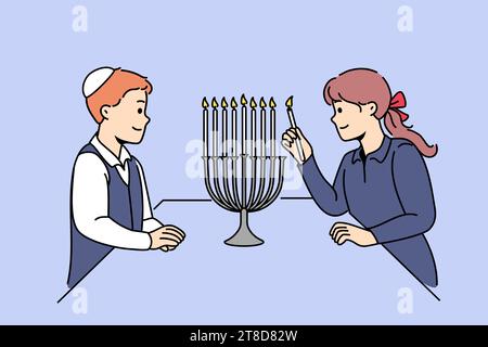 Les enfants juifs se tiennent près de minora avec des bougies allumées, se préparant pour les vacances traditionnelles hanukkah. Garçon en kippa et fille d'israël célébrant l'apparition de hanukkah, montrant l'engagement envers les traditions Illustration de Vecteur