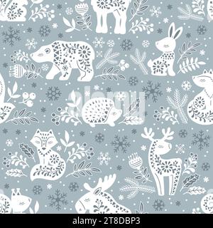 Motif sans couture vectoriel. Silhouettes ornées blanches d'animaux forestiers cerf, ours, élan, renard, lièvre, écureuil, hérisson parmi les fleurs sur un fond gris Illustration de Vecteur