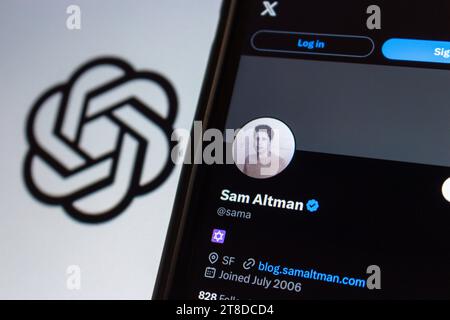 Compte X de Sam Altman vu dans iPhone avec le logo OpenAI. Sam Altman est un entrepreneur et investisseur américain. Il a été PDG d'OpenAI de 2019 à 2023 Banque D'Images