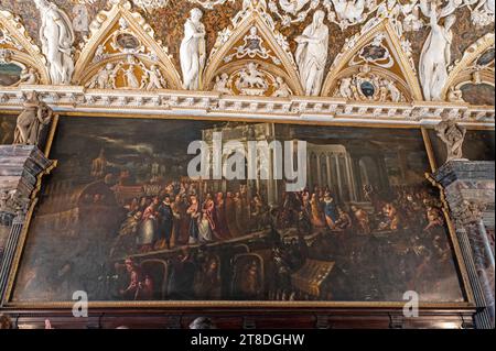 Une grande peinture à l'huile d'Henri III roi de France arrive sur San Nicolo del Lido près de Venise Venise, étant accueilli par le doge Alvise Mocenigo et le Banque D'Images