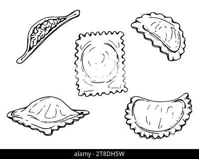 Illustration à l'encre vectorielle dessinée à la main. Ravioli pelmeni pierogi vareniki gyoza manti wonton plat. Ensemble d'éléments d'objet unique isolés sur blanc. Pour Illustration de Vecteur