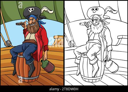 Pirate assis sur Une Illustration de coloriage de baril Illustration de Vecteur