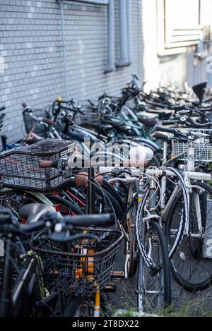 Parkings pour vélos près du mur du bâtiment à Tokyo Banque D'Images