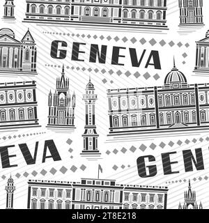 Vector Geneva Seamless Pattern, fond carré répétitif avec illustration du paysage européen de la ville de genève sur fond blanc, dessin au trait monochrome u Illustration de Vecteur