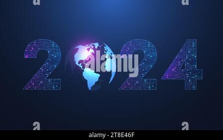 Modèle d'affiche de Noël 2024 illustration de la nouvelle technologie électronique de chiffres. Nouvel an, joyeux noël 2024 carte de félicitations dans cyber ordinateur Banque D'Images