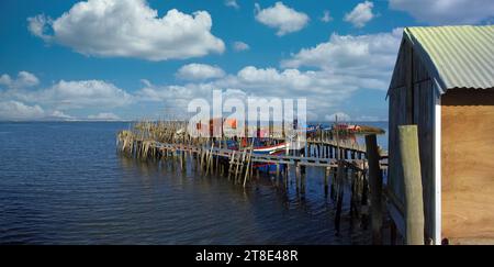 Jetées en bois traditionnelles de pêcheurs. Jetées sur échasses ou Cais Palafitico par l'estuaire de la rivière Sado à marée basse sur Carrasqueira, Alcacer do Sal, Setuba Banque D'Images