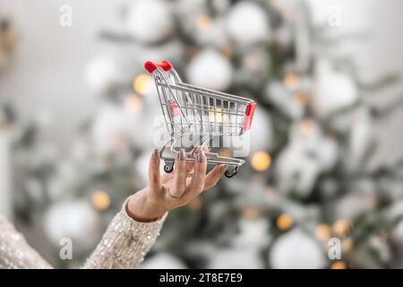 Main féminine tenant un petit panier comme symbole de la période de shopping de Noël. Banque D'Images