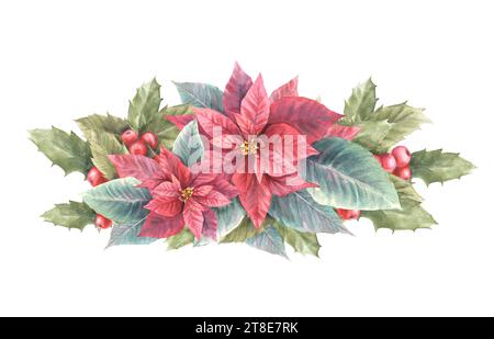 Composition peinte à l'aquarelle de poinsettia rouge, feuilles de houx, baies Illustration symbole de plante de Noël et du nouvel an pour votre conception de carte, hiver Banque D'Images