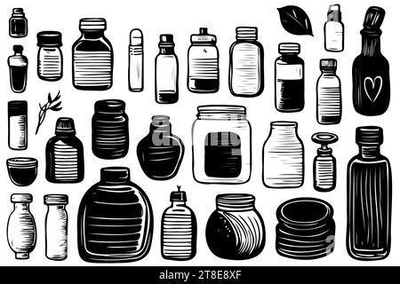 Différents types de bouteilles jeu d'icônes vectorielles minces, kit noir et blanc. Illustration vectorielle Illustration de Vecteur