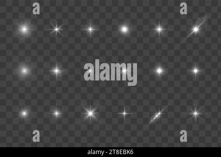 Étoiles brillantes, effets de lumière éblouissants, éléments lumineux brillants sur un fond transparent. Vector isoler les effets spéciaux Illustration de Vecteur