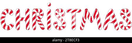 Belle inscription 'Joyeux Noël' faite de cannes de bonbons, isolée sur fond blanc Banque D'Images