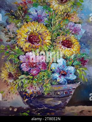 Peinture d'art original fleur de couleur huile dans le vase Banque D'Images