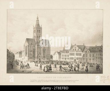 Les citoyens de Tienen ramassent des pots de beurre sur la Grote Markt devant l'onze-Lieve-Vrouw-ter Poelkerk, pour les déployer comme canons sur leurs murs défensifs, 1830. Tienen. Indépendance belge. LES CANONS DE TIRLEMONT. Les habitants rassemblèrent une grande quantité de pots de beurre qu'ils dirigèrent vers leurs remparts, ce qui effraya considérablement les Hollandais qui n'osèrent pas tenter le siège Banque D'Images