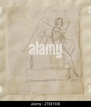 L'Ange sur le sarcophage du Christ, Bertel Thorvaldsen, 1770-1844, 1815 - 1817, dessin, fragment d'un croquis représentant, les femmes au tombeau, . Ce n’est pas seulement vers 1817 qu’en tant que graphiste, Thorvaldsen s’est préoccupé du motif des femmes qui allaient au tombeau de Jésus le matin de Pâques. Il y retourna plusieurs fois et se concentra toujours sur la rencontre des femmes avec l’ange vêtu de blanc qui, selon Saint Matthieu, avait renversé la pierre et s’était assis dessus. Thorvaldsen montre constamment la pierre comme un sarcophage soigneusement sculpté., papier, couleur, Graphite, dessiné Banque D'Images