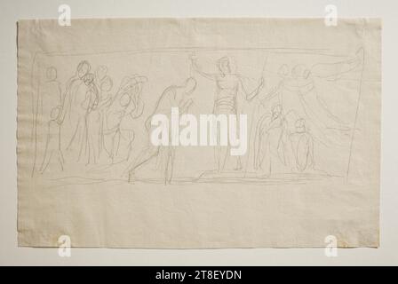 Baptême du Christ, Bertel Thorvaldsen, 1770-1844, 1820, dessin, comme plusieurs autres croquis, cela a été fait en relation avec les œuvres de Thorvaldsen pour l’église cathédrale notre-Dame de Copenhague. Les motifs interprétés ici, le Baptême du Christ, recto et, l'institution de l'Eucharistie, verso se réfèrent aux deux sacrements de l'Église luthérienne. Avec quelques coups rapides de son crayon, Thorvaldsen a, en plus de la composition réelle, également défini le contour du relief prévu., papier, couleur, Graphite, dessiné, hauteur 219 mm, largeur 346 mm, dessin, dessin Banque D'Images