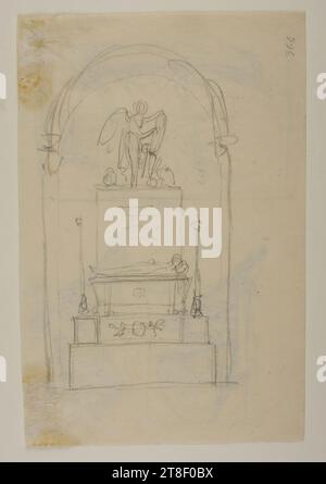 Un monument sépulcral avec Némésis écrivant sur un bouclier, Bertel Thorvaldsen, 1770-1844, 1831, dessin, papier, couleur, Graphite, dessiné, hauteur 130 mm, largeur 197 mm, dessin, européen, modernité (1800 - 1914 Banque D'Images