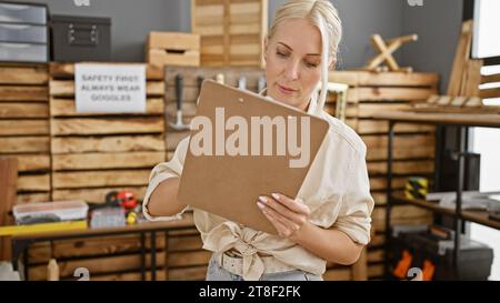 Attrayant jeune femme blonde charpentier prend des notes diligentes sur le presse-papiers pendant le travail du bois dans l'atelier animé de menuiserie Banque D'Images