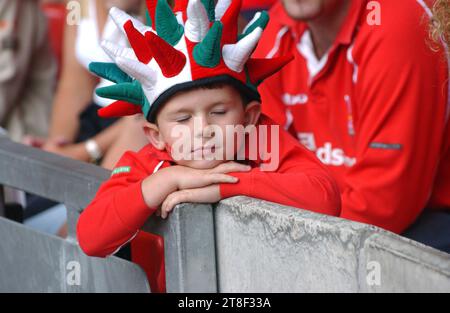 Mignons jeunes fans gallois au Millennium Stadium pour le match des six Nations entre l'Écosse et le pays de Galles, Cardiff, 18 mars 2000. Le pays de Galles a remporté le match 26-18. C'était les six premières nations. Photo : Rob Watkins Banque D'Images