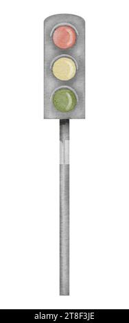 Illustration de l'aquarelle des feux de circulation. Clip art dessiné à la main de Semaphore sur fond isolé. Dessin du panneau de feu stop pour enfants livres sur le respect des règles de la route en toute sécurité. Banque D'Images