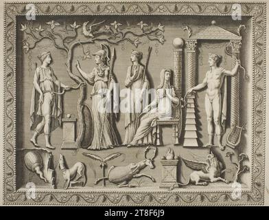 Corbridge Lanx ; Vesta, Apollo, Cérès, Minerva et Diana, Gerard Vandergucht, 1737, Art graphique, gravure, papier, couleur, encre de l'imprimante, gravure, Printet, hauteur (taille de la plaque) 460 mm, hauteur (taille du papier) 470 mm, largeur (taille de la plaque) 520 mm, largeur (taille du papier) 592 mm, ces lettres ont été piquées [...] The Back of YE Silver plate., au très noble prince CHARLES Duc de SOMERSET et, comte de HERTFORD, vicomte et baron BEAUCHAMP, de HAECHE, baron SEYMOUR, de TROBRIDGE Lord of the Honours of COCKERMOUTH et PETWORTH Chan-, cellor de l'Université de CAMBRIDGE Banque D'Images