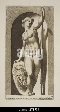 Athene, Giovanni Jacopo Caraglio, 1526, Art graphique, gravure sur cuivre, Athene, ou Pallas Athene, est reconnue par son casque, sa lance et un bouclier orné de la tête de Méduse. Elle est l'une des principales divinités de la mythologie grecque. Et dans une large mesure, elle peut être comparée à la déesse romaine Minerve. Les armes indiquent qu'Athene a été considéré tôt comme une déesse de la guerre. Mais contrairement au dieu de la guerre, Mars, qui représente la guerre destructrice, Athene a lutté pour la justice. Elle avait déjà reçu la tête de Méduse de Persée après l’avoir aidé à tuer Méduse Banque D'Images