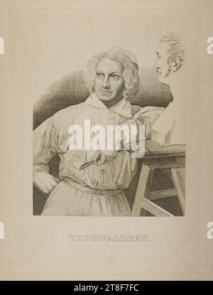 Portrait de Thorvaldsen modélisant le buste de Vernet, pas avant 1833, Art graphique, gravure sur cuivre, papier, couleur, encre d'imprimerie, gravure sur cuivre, Printet, hauteur (format de la plaque) 270 mm, hauteur (format du papier) 350 mm, largeur (format de la plaque) 210 mm, largeur (format du papier) 270 mm, THORWALDSEN, Design graphique, européen, modernité (1800 - 1914 Banque D'Images