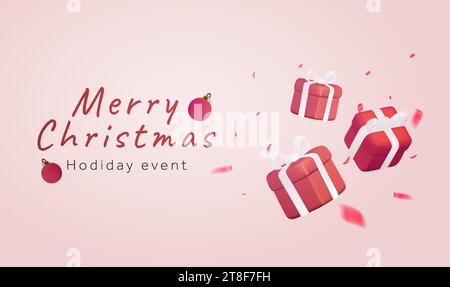 Joyeux Noël vente cadeau-cadeau modèle de bannière d'événement avec boîtes-cadeaux volantes mignonnes, ornement et confettis. Concept de carte-cadeau promotionnelle de Noël. Idée de bon de newsletter. Illustration vectorielle. Illustration vectorielle Illustration de Vecteur