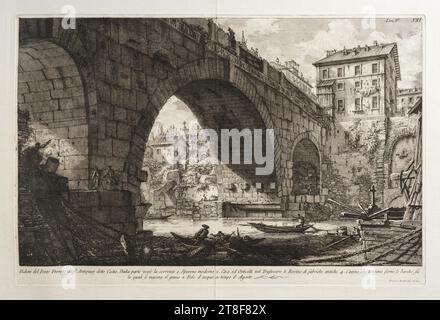 Vue de Ponte Ferrato également connu sous le nom de Ponte Cestius, Giovanni Battista Piranesi, pas plus tard que 1778, Art graphique, gravure sur cuivre, gravure, papier, couleur, encre d'imprimante, gravure sur cuivre, gravure, Printet, hauteur (format de la plaque) 395 mm, hauteur (format du papier) 530 mm, largeur (format de la plaque) 600 mm, largeur (format du papier) 770 mm, Tom IV, XXI, Veduta del Ponte Ferrato DAGl' Antiquari detto Cestio. Dalla parte verso la corrente 1. Sperone moderno 2. Affaire, ed Orticelli nel Trastevere 3. Rovine di fabriche antiche 4. Catene, che tengano ferme le barche sù Banque D'Images