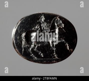 Cheval et cavalier, pas plus tôt que 30 BC - pas plus tard que 200, anneau de signet, Ringstone, Métal, fer, pierre précieuse, Jasper, hauteur 0,9 cm, largeur 1,1 cm, maçonnerie en pierre, Stonecutting, Roman, période impériale (27 av. J.-C. - 476 Banque D'Images