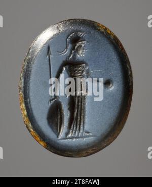 Athéna avec lance, bouclier, et bol de libation, pas avant 30 BC - pas plus tard que 200, anneau de signet, Ringstone, Métal, fer, pierre précieuse, onyx, Nicolo, hauteur 1,3 cm, largeur 1,1 cm, maçonnerie en pierre, découpe en pierre, romaine, période impériale (27 av. J.-C. - 476 Banque D'Images