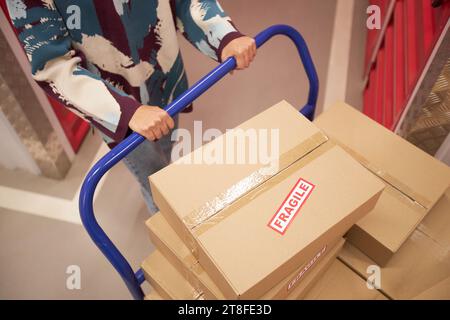 Femme poussant le chariot avec des affaires fragiles à l'unité de stockage, vue d'en haut Banque D'Images