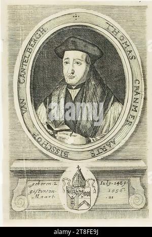 Gravure éventuellement réalisée par Pieter Balthazar Bouttats. Portrait dans un cadre ovale sur un piédestal avec les armoiries de l'archevêque de Canterbury au centre. ARCHEVÊQUE DE CANTELBERGH. THOMAS CRANMER. né. 2, Iuly. 1489, mort, 1556, Mars, .21 Banque D'Images