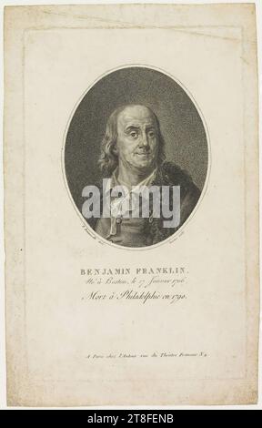 F. Bonneville Deli. Gautier sculpte. BENJAMIN FRANKLIN., né à Boston, le 17 janvier 1706, décédé à Philadelphie en 1790. À Paris, rue de l'auteur du Théatre Francais N 4 Banque D'Images