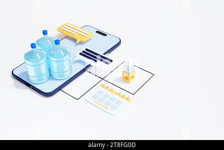 Service de livraison d'eau embouteillée, concept d'application mobile, rendu 3D. Banque D'Images