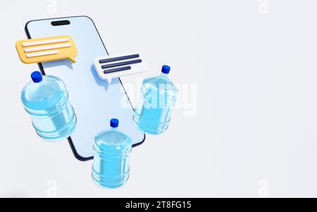 Service de livraison d'eau embouteillée, concept d'application mobile, rendu 3D. Banque D'Images