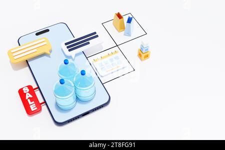 Service de livraison d'eau embouteillée, concept d'application mobile, rendu 3D. Banque D'Images