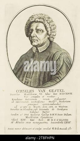 CORNELIUS VAN GESTEL, né à Mechlinie 6 IDU Déc: MD 158, Un homme simple et droit, un véritable érudit de la Patrie, pour le cancinnat Archiepatus Mechlis Histoire, à saluer particulièrement, à partir de a° 1685 à Munte, puis en 1688 à Westre, paroisses en Flandre sous le Dénat d'Oerdegem, Pasteur diligent, enfin 1726 Ecclesiae Colleg: B M V trans Dilia, Mechliniæ Canonicus, Obiit XIV KAL FEB : M D C C 48, A°. Dans la quatre-vingt-dixième année de son âge Banque D'Images