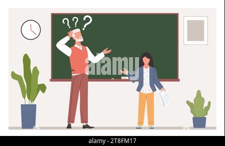 Un professeur déconcerté se tient au tableau noir. Homme confus avec signe d'interrogation. Discussion entre élèves et adultes. Enfant de génie enseignant. Illustration plate de dessin animé Illustration de Vecteur