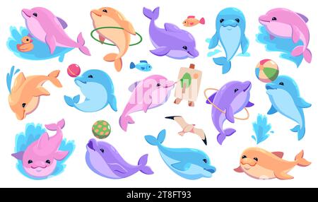 Personnages drôles de dauphin. Animal marin de dessin animé avec des accessoires de spectacle, des éléments de tours d'exécution, faune sous-marine mignonne, habitants de l'océanarium Illustration de Vecteur