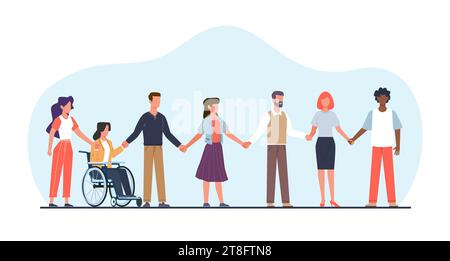 Groupe de différents hommes et femmes debout ensemble tenant la main. Groupe multiculturel de jeunes. Femme en fauteuil roulant. Groupe diversifié. Dessin animé Illustration de Vecteur