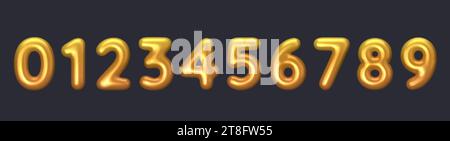 Numéros dorés en plastique 3D. Collection de numéros de couleurs brillantes de 0 à 9. Illustration vectorielle Illustration de Vecteur