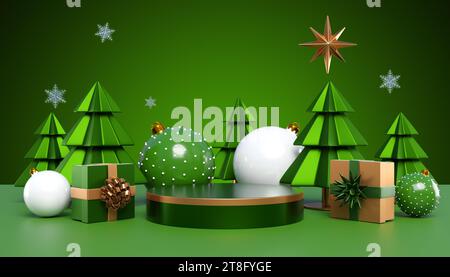 Le podium est entouré d'arbres de Noël, de boules de décorations de Noël sur fond vert. rendu 3d. Banque D'Images