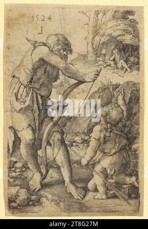 Albrecht Dürer (1471 - 1528), Apocalypse, Jeronimus Greff (1460 - 1525), graveur sur bois Albrecht Dürer (1471 - 1528), copie d'après Bête avec les cornes d'Agneau, XI Figurine, Lucas Hugensz. Van Leyden (1488, 1499 et 1494 - 1533 respectivement), artiste, Lamech et Cain, origine de l'impression : 1524, gravure sur cuivre sur papier vergé, format de la plaque : 11,8 x 7,6 cm taille de la feuille : 12,2 x 8,0 cm, en haut à gauche daté et monogrammé '1524, monogramme L inversé Banque D'Images