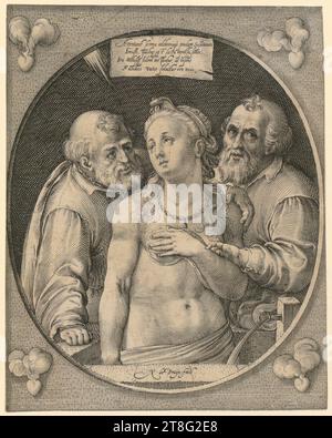 Nicolaes de Bruyn (1571 - 1656), Susanna et les deux vieillards, date d'impression : 1581 - 1656, gravure sur cuivre, taille de la feuille : 19,0 x 15,0 cm, inscrit en haut au centre sur le panneau 'attachant forma celebremque pudore Susannan, Imusti, quibus est Banque D'Images