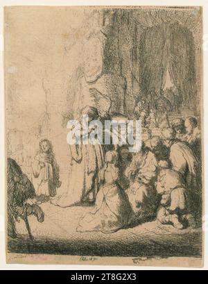 Rembrandt Harmensz. Van Rijn (1606 - 1669), artiste, Présentation au Temple avec une petite assiette Ange, Rembrandt Harmensz. Van Rijn (1606 - 1669), artiste, Présentation au Temple avec une petite assiette Ange, origine du support d'impression : 1630, gravure, taille de la feuille : 10,1 x 7,7 cm, fond central monogrammé et daté 'RHL 1630 Banque D'Images