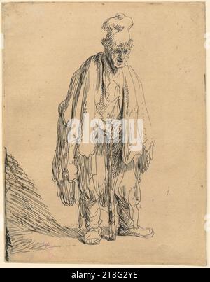 Rembrandt Harmensz. Van Rijn (1606 - 1669), artiste, mendiant avec bonnet, appuyé sur bâton, support d'impression : circa 1629, gravure, taille de la feuille : 15,5 x 12,0 cm, verso traçage de la figure à la craie rouge ; verso en bas à gauche noir Banque D'Images