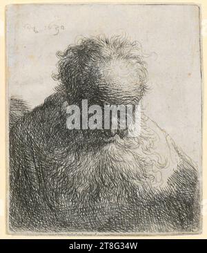 Rembrandt Harmensz. Van Rijn (1606 - 1669), artiste, portrait d'un vieil homme à la barbe fluide, regardant vers le bas, origine de l'impression : 1630, gravure, taille de la feuille : 9,1 x 7,8 cm, monogrammé en haut à gauche et daté 'RHL 1630', verso en bas à gauche noir Banque D'Images