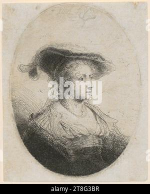 Ferdinand bol (1616 UM - UM 1680), artiste, attribué à Pieter Cornelisz Verbeeck (1610 UM - UM 1654), artiste, ancienne attribution Rembrandt Harmensz. Van Rijn (1606 - 1669), après, Bathsheba dans le bain, Ferdinand bol (1616 c. - c. 1680), portrait en buste d'une jeune femme, création de support d'impression : 1644, gravure et pointe sèche, taille de la feuille : 10,4 x 8,4 cm marge de la plaque: 10,1 x 7,7 cm (ovale)' Champ3 signé et daté en haut au centre 'F. bol f 1644 Banque D'Images