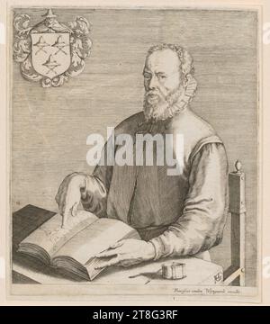 Hendrick Goltzius (1558 - 1617), d'après Frans van den Wyngaerde (1614 - 1679), éditeur, portrait de Gerard de Jode, support d'impression : vers 1580 - 1600, gravure sur cuivre, dimensions de la feuille : 18,0 x 15,4 cm, monogrammé 'HG' en bas à droite sur la nappe et inscrit 'Franciscus vanden Wyngae en bas à droite Banque D'Images