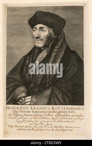 Andries Jacobsz. Stock (1580 UM - 1648)Hans Holbein (le Jeune) (1497 - 1543), d'après Hendrik Hondius I. (1573 - 1650), éditeur, portrait de Desiderius Erasmus de Rotterdam, origine du support d'impression : 1628, gravure sur cuivre, taille de la feuille : 24,3 x 15,6 cm marge de la plaque: 23,1 x 14,5 cm, en bas au centre inscrit 'DESIDERIUS, ERASMUS, ROTTERDAMUS. ... Anno Domini 1536.', ci-dessous signé Banque D'Images